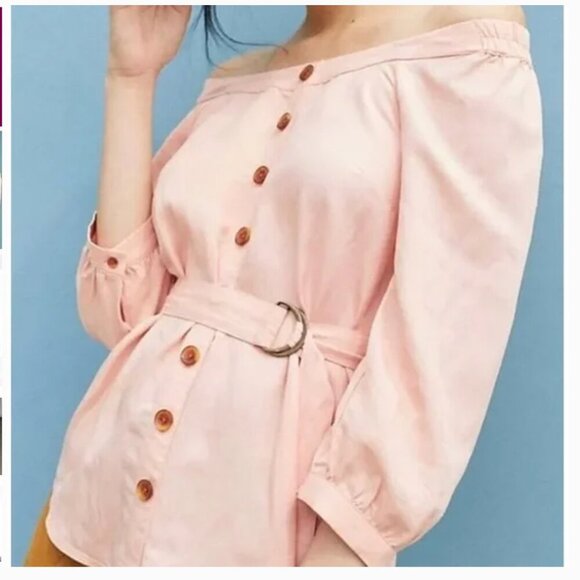 Maeve Anthropologie Alanis Belted Blouse Button Up Shirt Off Shoulder pink sz 8 - Picture 1 of 16